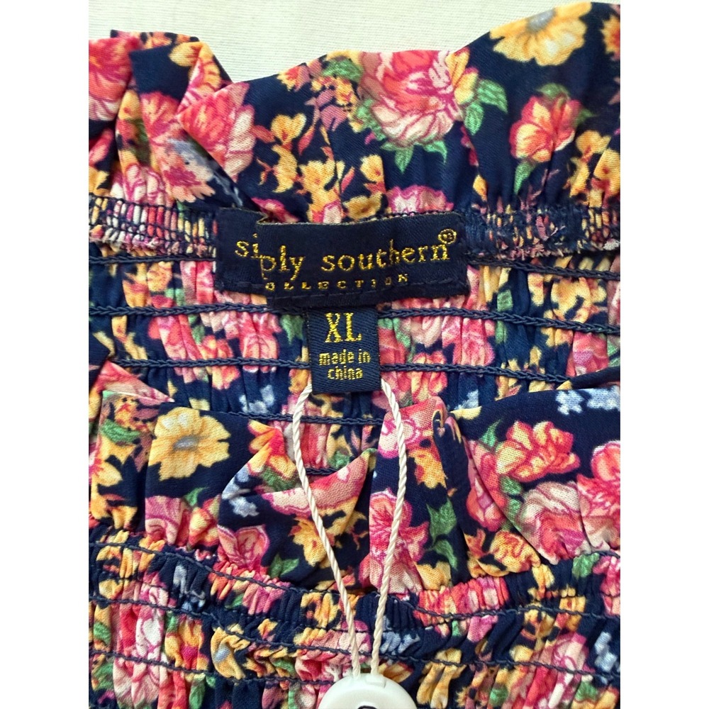 New Simply Southern Floral Smocked Tiered Maxi Dress Navy Pink XL Peasant Boho - Picture 8 of 12